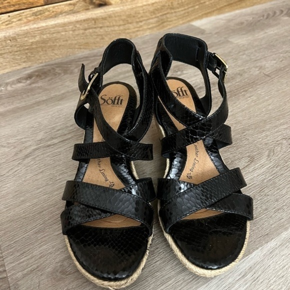 Söfft Black Leather Wedge Sandals with Ankle Closure - Picture 3 of 11